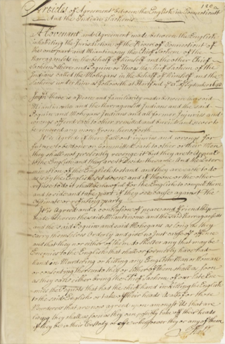 <span class="mw-page-title-main">Treaty of Hartford (1638)</span> 1638 treaty between New England, the Mohegan and the Narragansett