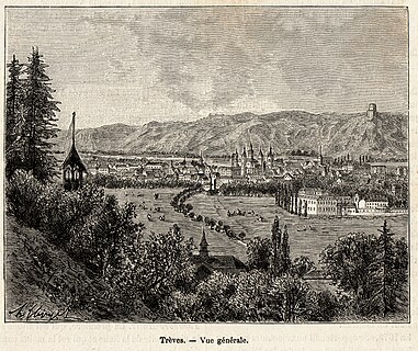 Rare view of Trier (northeast), wood engraving by Hubert Clerget: "Trèves - Vue générale", in: Victor Adolphe Malte-Brun, L` Allemagne illustrée. Géographie, Histoire, Administration, Statistique (Paris: Rouff 1885-1888).