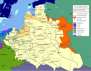 The Polish-Lithuanian Commonwealth at its greatest extent, after the Truce of Deulino of 1619 Truce of Deulino 1618-1619.PNG