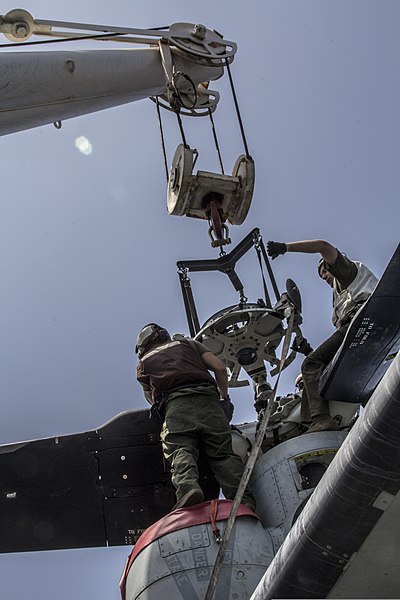 File:U.S. Marines assigned to Marine Medium Tiltrotor Squadron (VMM) 266 attach a rotor to an MV-22B Osprey tiltrotor aircraft while performing maintenance on the flight deck of the amphibious assault ship USS 130504-M-ZC556-033.jpg