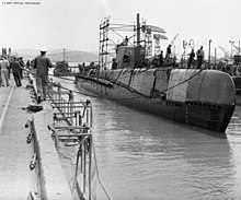 Tiru leaving dry dock at Mare Island Navy Yard in 1948. USS Tiru;0841604.jpg