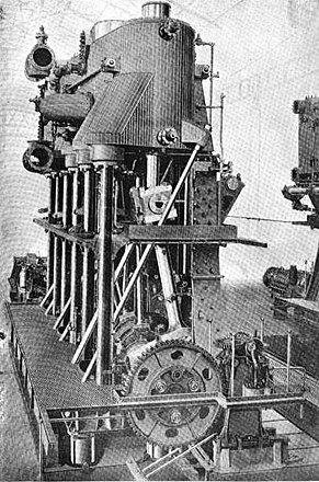 Vertical triple-expansion engine of USS Wisconsin (BB-9). The typical vertical engine arrangement of cylinder, piston rod, connecting rod and crankshaft can clearly be seen in this photo.
