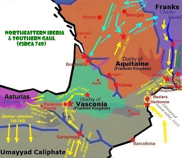 Military campaigns and geopolitical situation around the Pyrénées and Septimania in 740
