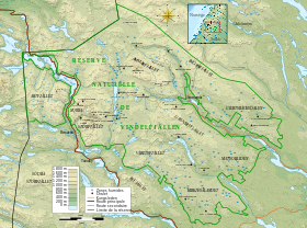 A Vindelfjällen természetvédelmi terület térképe a nyugati hegységgel.