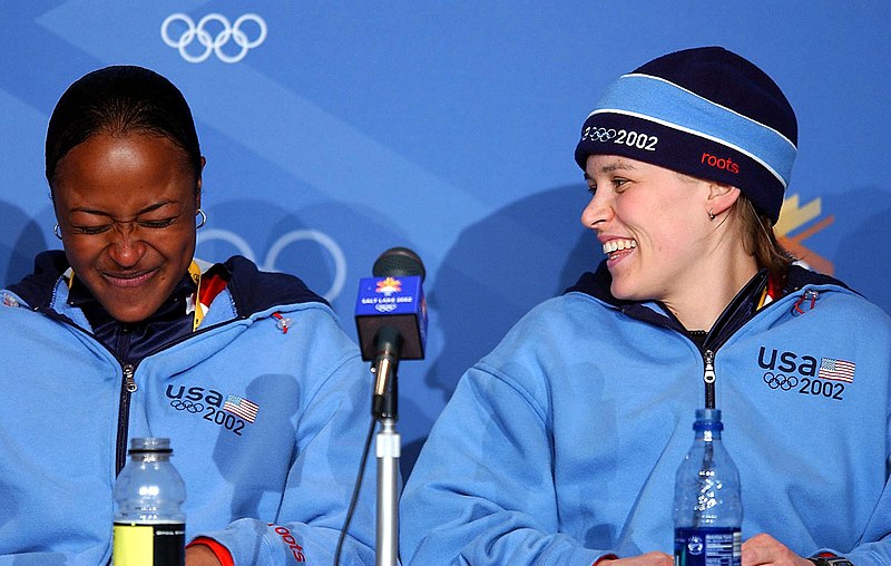 File:Vonetta Flowers & Jill Bakken at press conference after winning gold medal in 2 woman bobsleigh at 2002 Winter Olympics.jpg