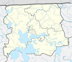 Mapa konturowa powiatu węgorzewskiego, w centrum znajduje się punkt z opisem „Cerkiew Świętych Apostołów Piotra i Pawła”