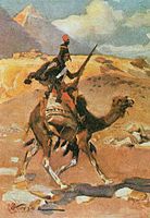 Hussar on camel label QS:Len,"Hussar on camel" label QS:Lpl,"Huzar na wielbłądzie" , 1912