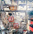 WTC complex and neighboring buildings, on September 23, 2001. Remaining portion of 4 WTC visible at southeast corner. Footprints of the Twin Towers and 7 WTC highlighted.