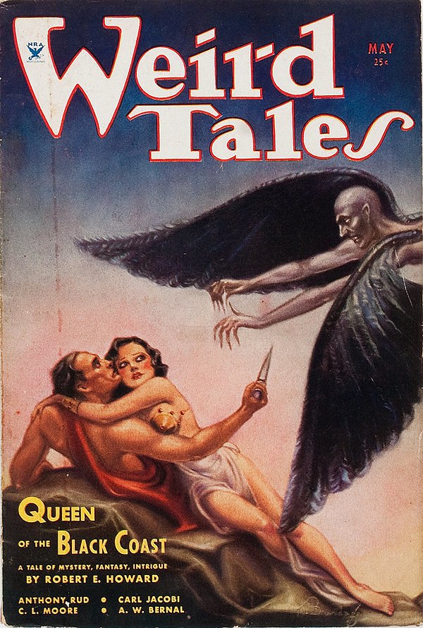 Cover of Weird Tales (May 1934) depicting Conan and Bêlit in "Queen of the Black Coast", one of Robert E. Howard's original Conan stories