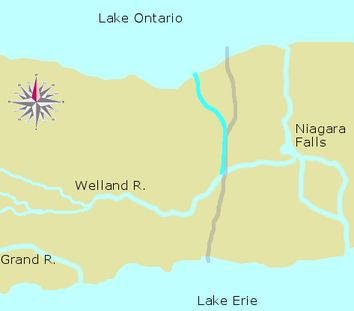 The Welland Canal as originally planned. The present-day canal is marked in pale grey Welland Canal - First Canal Stage One.png