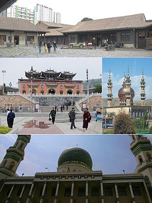 Von oben im Uhrzeigersinn: Ma Bufang Residenz, Duoba-Moschee, Dongguan-Moschee, Kumbum Champa Ling