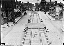 Yonge streetcar extension looking north from the new CPR overpass, 1916.