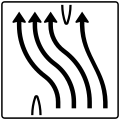 Zeichen 501–54 Überleitungstafel – ohne Gegenverkehr – vierstreifig nach links, davon drei Fahrstreifen übergeleitet