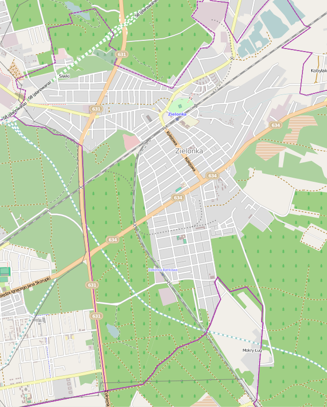 Mapa konturowa Zielonki, u góry znajduje się punkt z opisem „Kościół Matki Bożej Częstochowskiej w Zielonce”