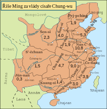 Mapa Mingské Číny, vyznačeny provincie, jejich hlavní města a obyvatelstvo provincií.
