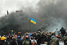 Protesters on the Maidan on 20 February, shortly before the shooting started Kiyiv - Revoliutsiia Gidnosti - Ranok na Maidani Nezalezhnosti pered pochatkom rozstriliv na Instituts'kii - 14021443.jpg