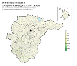 Расселение турок в ЦФО по городским и сельским поселениям в %, перепись 2010 г.