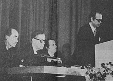 Professor Klaus Schwab opens the inaugural European Management Forum in Davos in 1971. 1971 Opening.jpg
