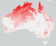 NASA MODIS burned area detections from June 2001 to May 2019 showing regions affected by fires in Australia in red 2001-19 Australian Bushfire season MODIS overview.png