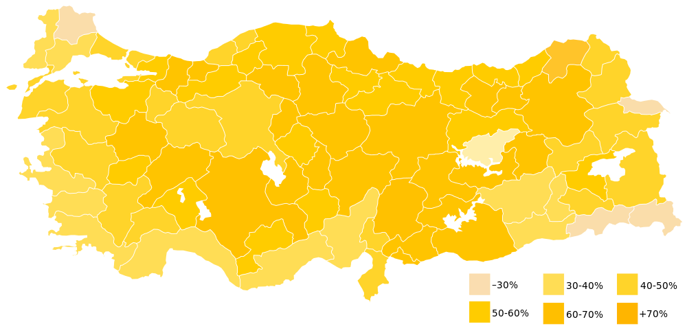 Popular vote received by the Justice and Development Party (AKP) 2011 genel secimlerinde AK Parti'nin illere gore aldigi oylar.svg