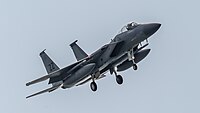 A US Air Force F-15C Eagle, tail number 81-0031, on final approach at Kadena Air Base in Okinawa, Japan. It is assigned to the 44th Fighter Squadron at Kadena AB.