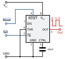 Schematic of a 555 in bistable SR latch mode 555 Bistabiel digitaal.svg