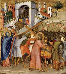 Andrea di Bartolo, Way to Calvary, c. 1400. The cluster of halos at the left are the Virgin Mary in front, with the Three Marys. 5 Andrea di Bartolo. Way to Calvary. c. 1400, Thissen-Bornhemisza coll. Madrid.jpg