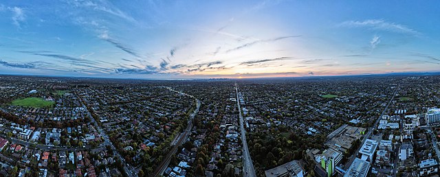 Aerial panorama of Whitehorse LGA facing west towards the Melbourne skyline. April 2023.