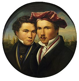 Автопортрет (1827), Альборн в красном берете, справа от брата