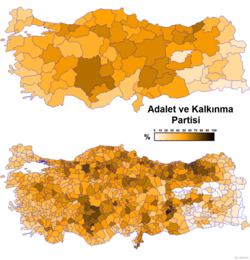 Adalet ve Kalkınma Partisi'nin il ve ilçe bazında oy oranlarının yoğunluğunu gösteren harita