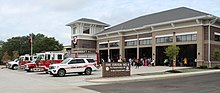 A full-time fire station in Akron, Ohio, United States Akron Fire Department Station 4 (48722841533).jpg