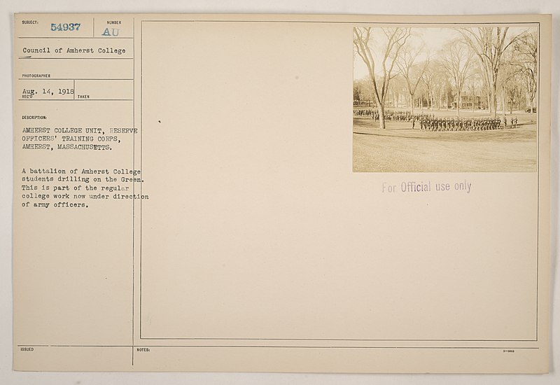 File:Amherst College Unit, Reserve Officers' Training Corps, Amherst, Massachusetts. A battalion of Amherst College students drilling on the Green. This is part of the regular college wo - DPLA - 84fc6c307413af92915d7600b54c5d6f.jpg