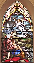 Okno anděla Pána v Německém evangelickém luteránském kostele sv. Matouše v Charlestonu v Jižní Karolíně. Quaker City Glass Company, 1912