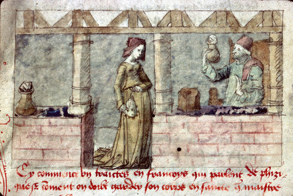 A 15th-century French apothecary (at right).