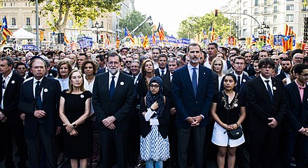 President Puigdemont, Prime Minister Rajoy and King Felipe VI attending the Barcelona rally in response to terror attacks in August 2017