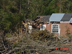 Düşen ağaçlar nedeniyle çatısının bir kısmı çökmüş bir tuğla ev.