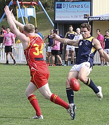 Player preparing to smother an opponent's kick Australian football smother.jpg