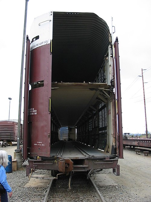 The open end of a bi-level autorack that is undergoing repairs