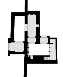 The floor plan of Bab Debbagh, showing the interior passage which turns multiple times. (The outer entrance is on the right, the inner side is on the left; the lightly-shaded areas indicate roofed-over or vaulted spaces.) Bab Debbagh plan.png