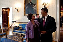 Barack Obama and Valerie Jarrett converse in the Blue Room, White House, 2010 Barack Obama chats with Senior Advisor Valerie Jarrett in the Blue Room, White House, 2010.jpg