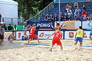 Deutsch: Beachhandball Europameisterschaften 2019 (Beach handball Euro); Tag 3: 4. Juli 2019 – Männer, Hauptrunde Gruppe II, Polen-Ukraine 2:0 (24:13, 23:22) English: Beach handball Euro; Day 3: 4 July 2019 – Men Main Round Group II – Poland-Ukraine 2:0 (24:13, 23:22)