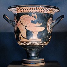 Woman washing at a water basin (louterion). Side B from an Ancient Greek Boeotian red-figure bell-krater, 450-425 BC. From Boeotia. Bell-krater louterion Louvre CA1341.jpg