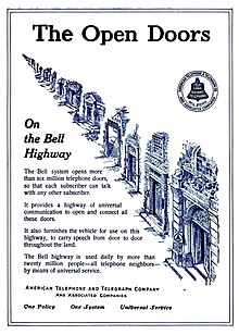 1912 Bell System advertisement promoting its slogan for universal service Bell System advertisement in Western Electric v1no1 News March 1912 promoting universal service.jpg