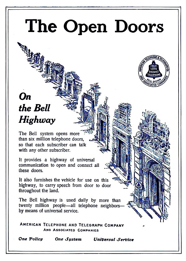 1912 Bell System advertisement promoting its slogan for universal service