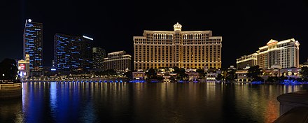 Four-segment panorama of The Cosmopolitan, Bellagio, and Caesars Palace (left to right) from the Las Vegas Strip, across from the Bellagio fountains.