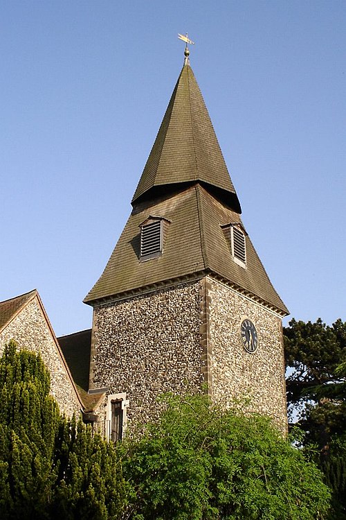 The distinctive spire of the ancient parish church of St Mary the Virgin in Bexley
