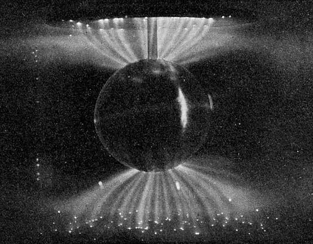 Laboratory simulation of the magnetosphere's influence on the solar wind; these auroral-like Birkeland currents were created in a terrella, a magnetis