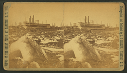 A view of Yankton's riverfront after the flood of March 1881. Blasting ice with dynamite from in front of steamer on the ways, by Stanley J. Morrow.png