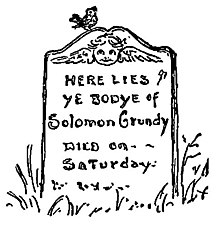 "Here lies ye bodye of Solomon Grundy. Died on Saturday..." An illustration from Clara E. Atwood's 1901 A Book of Nursery Rhymes BookOfNurseryRhymes p89.jpg