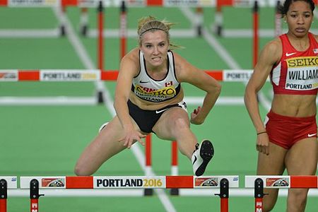 Gold medal winner, Brianne Theisen-Eaton, during the first event Brianne Theisen-Eaton Portland 2016.jpg